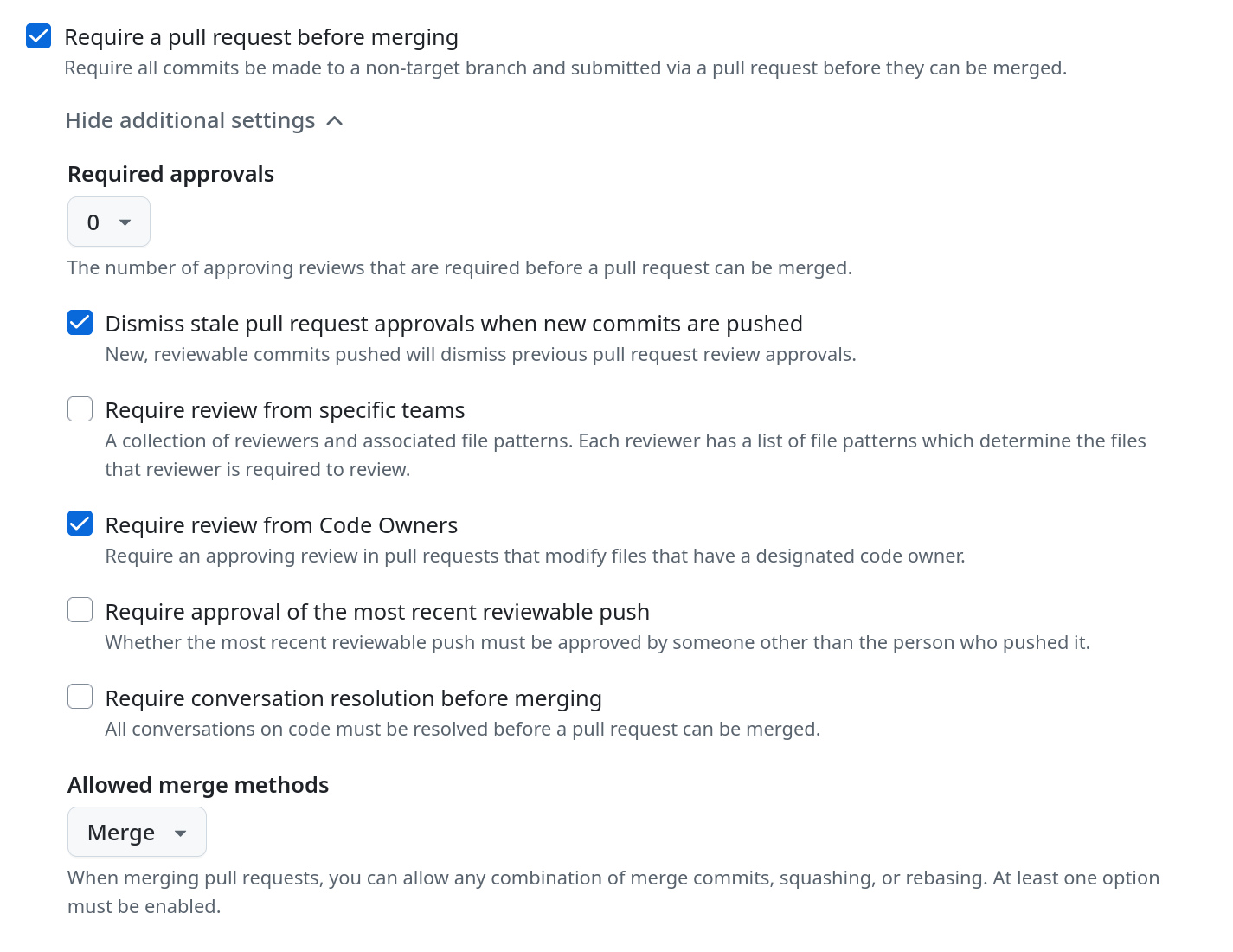 Screenshot showing a the Phalanx repo PR approval config in the GitHub UI.